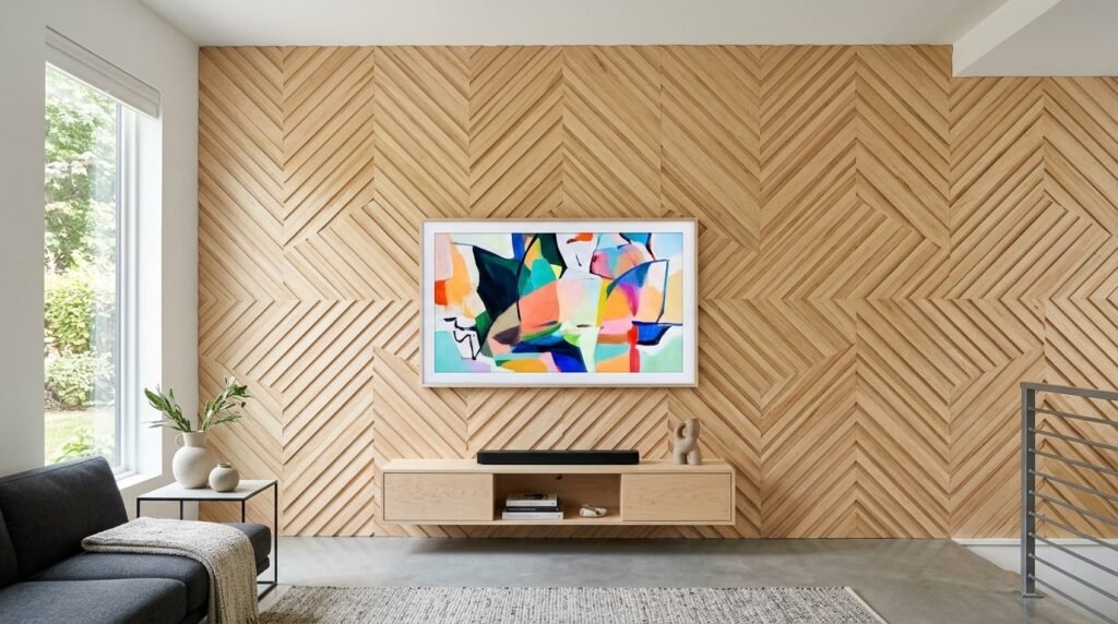 A beautifully designed interior room featuring a modern wood slat feature wall with warm ambient lighting.