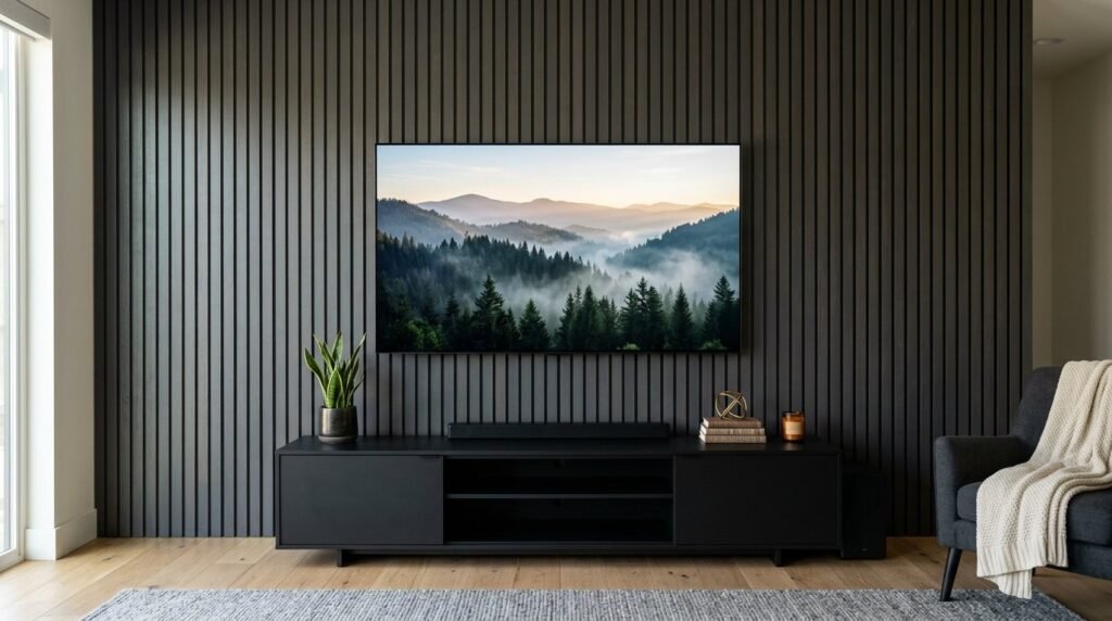 A stylish interior wall covered in vertical wooden slats with ambient lighting.