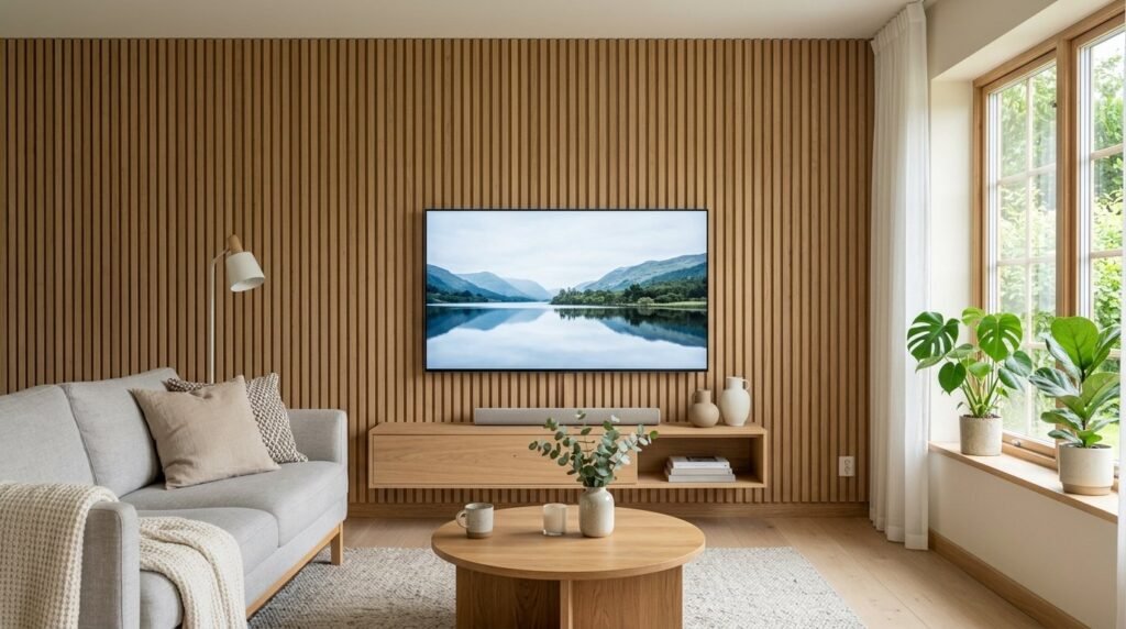 A close up view of a decorative modern wall made of vertical wooden slats in a brightly lit room.