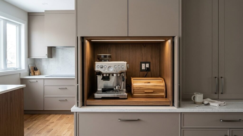 Sleek modern kitchen cabinetry with high-end integrated stainless steel appliances.