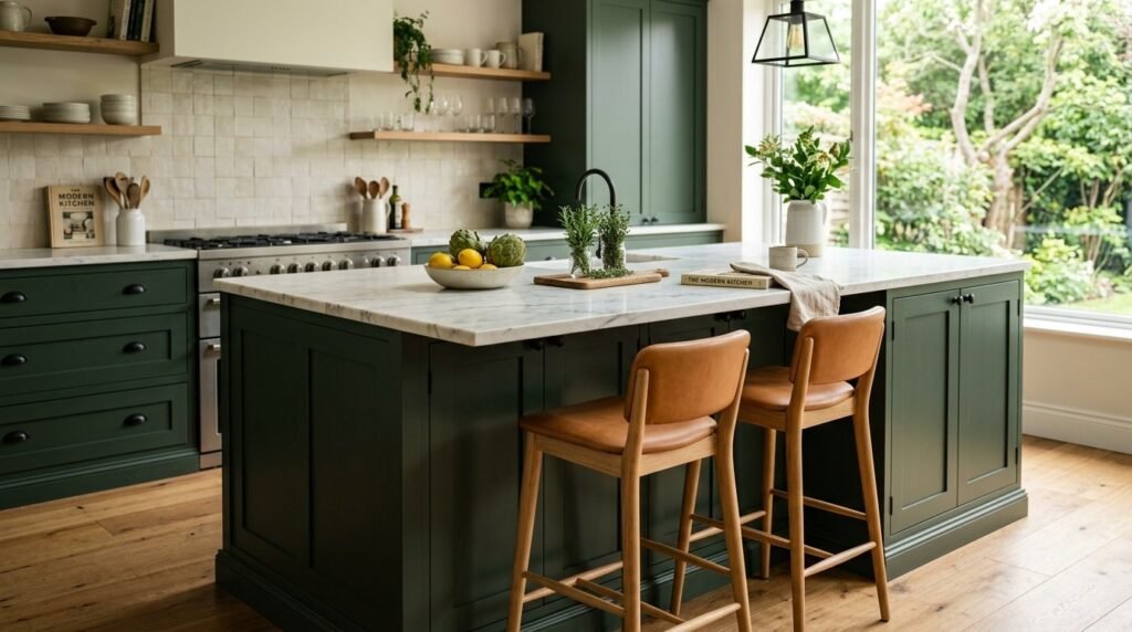 A beautifully designed modern kitchen island in a bright and airy home kitchen.