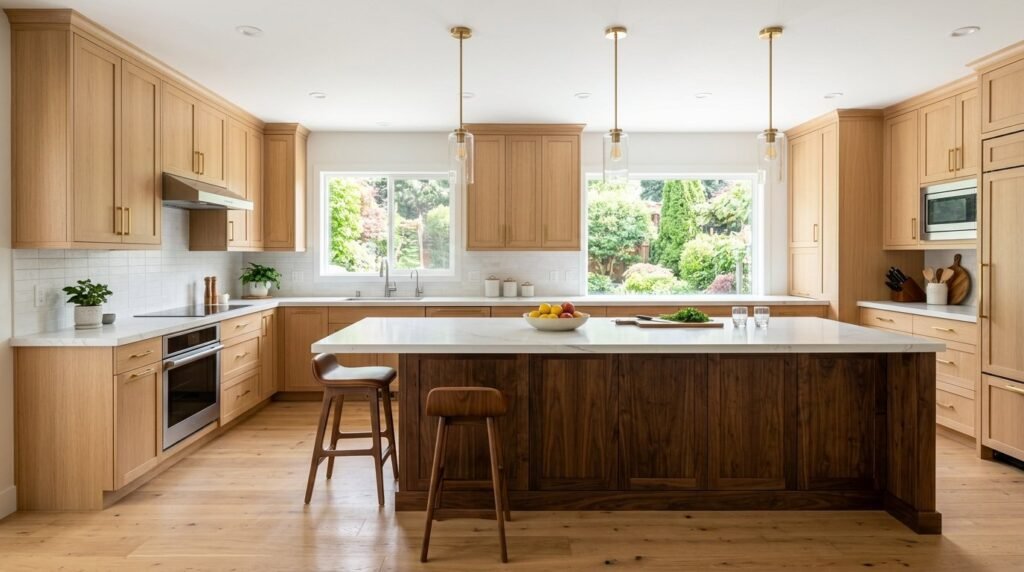 A high-end modern kitchen featuring two large islands with white countertops and marble accents.