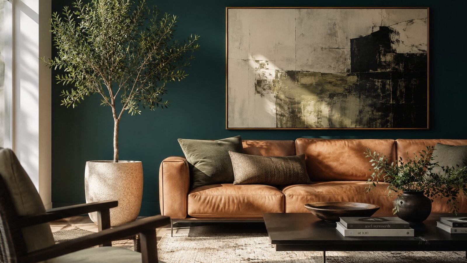Tan leather couch with olive cushions in front of a teal wall with large abstract artwork.