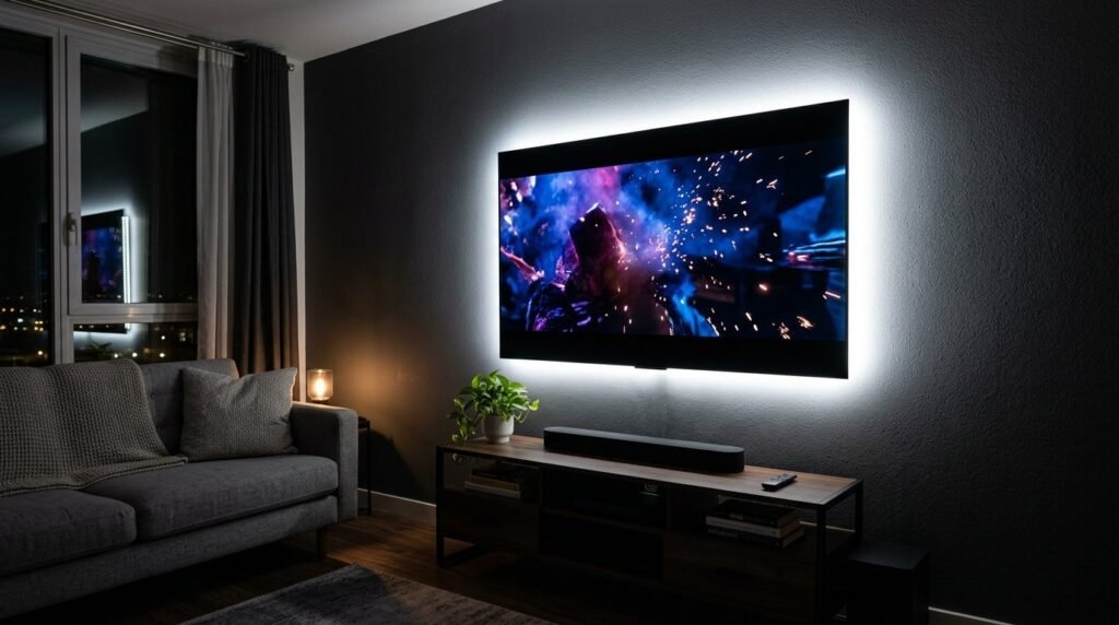 Close up shot of a sleek modern LED television screen displaying high quality digital content.