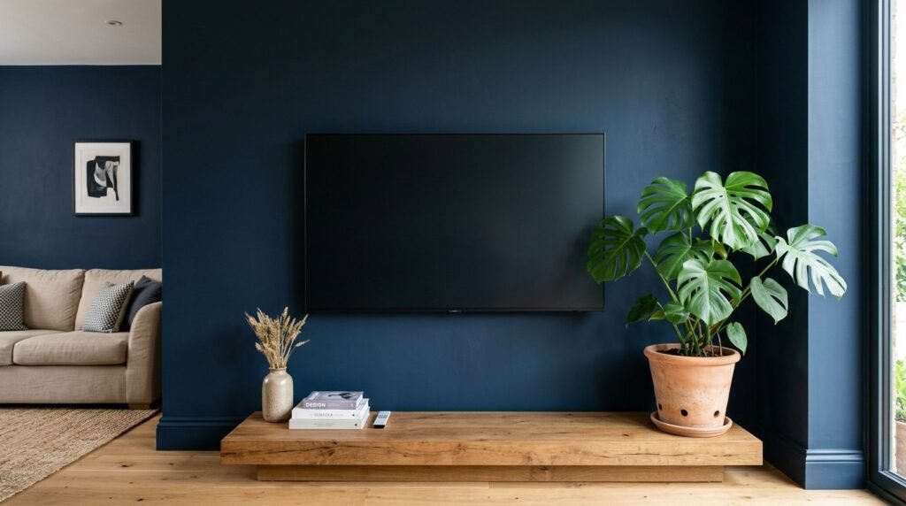 A beautifully designed modern living room with a sophisticated accent wall interior design.