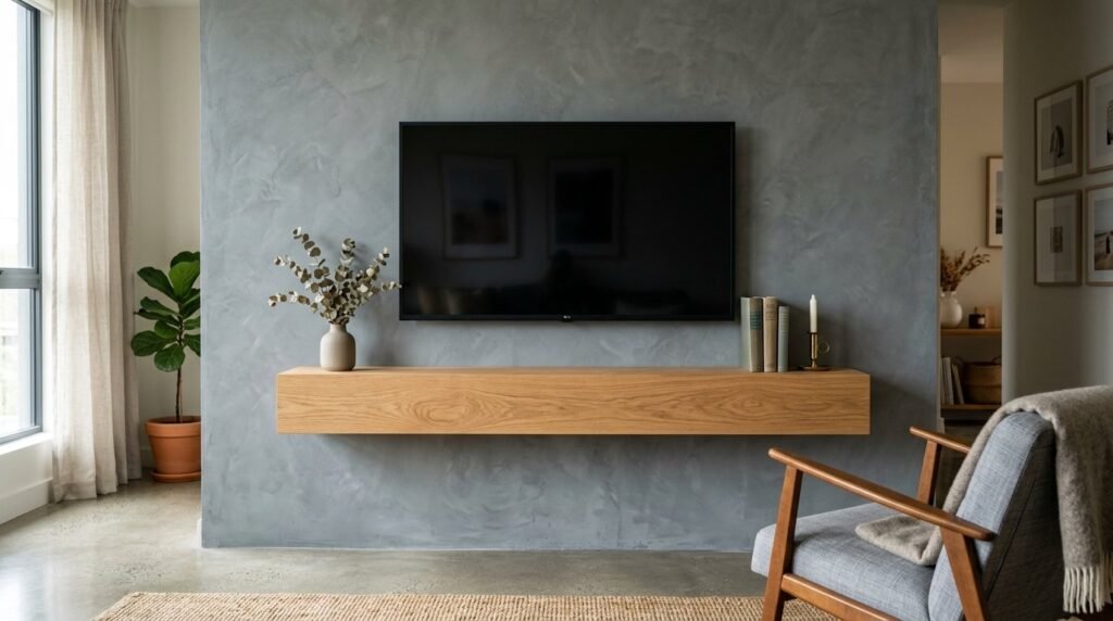 A beautifully decorated modern living room interior showcasing a textured accent wall design.