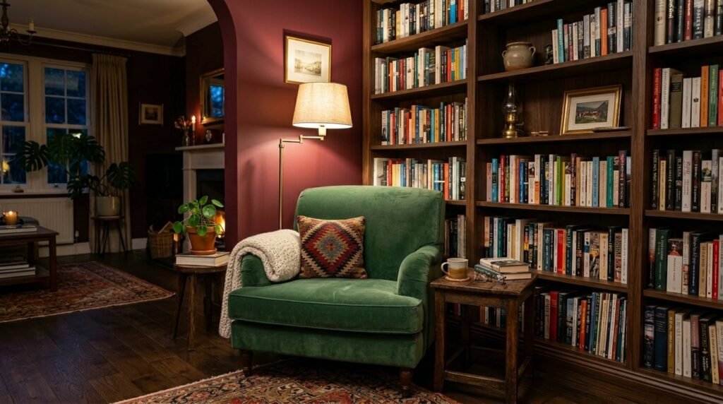 A beautifully styled corner of a modern living room featuring warm textures and minimalist decor.
