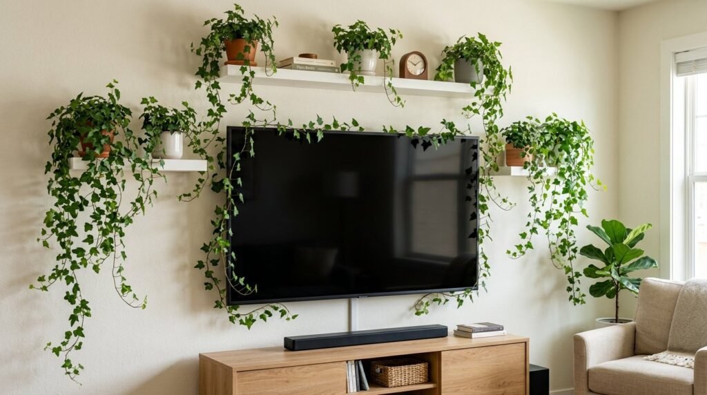 A stylish modern living room featuring a custom built-in feature TV wall with elegant lighting.