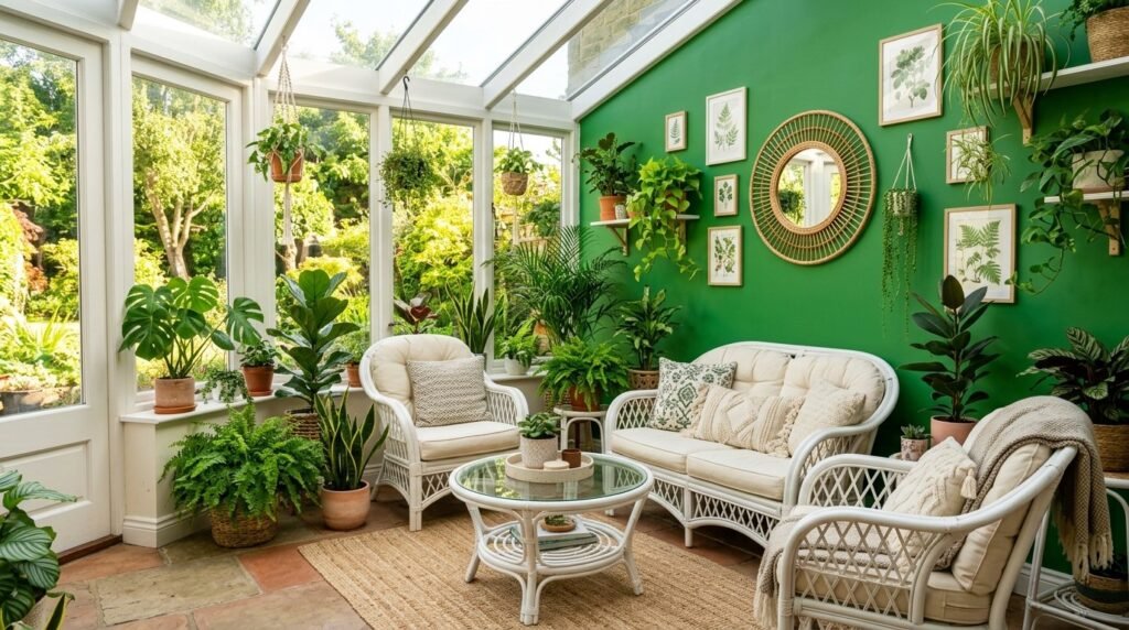 A beautifully designed living room featuring a bold green accent wall and contemporary home decor.