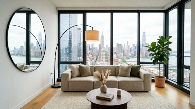 A stylish and modern living room interior with contemporary furniture and tasteful decor.