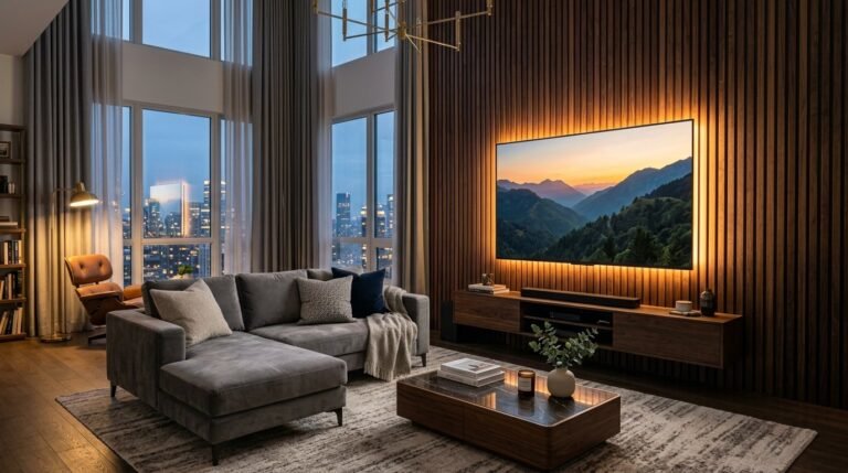 A stylishly decorated living room featuring contemporary furniture and neutral tones.