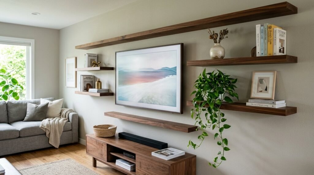 A stylish and modern living room with contemporary wall decor and elegant furniture.