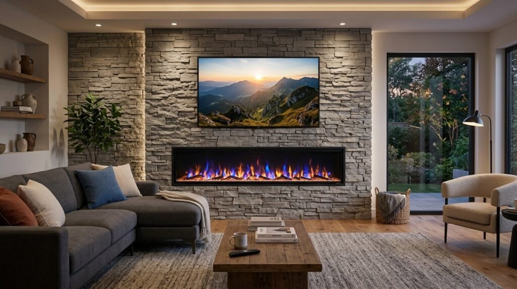 A beautifully staged modern living room with contemporary furniture and warm lighting.