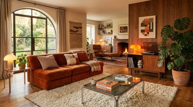 A stylishly decorated modern living room featuring contemporary furniture and bright natural daylight.