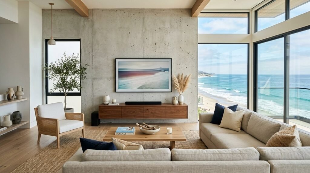 A stylish and modern living room interior featuring contemporary decor and furniture.