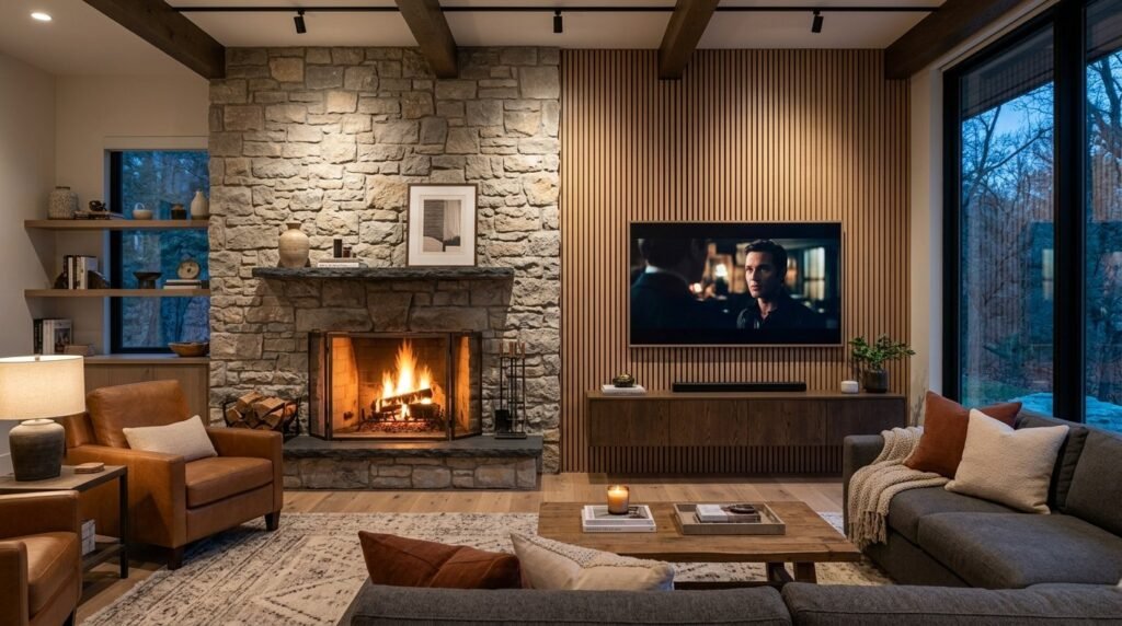 A brightly lit, modern living room interior showcasing a sophisticated natural stone feature wall.
