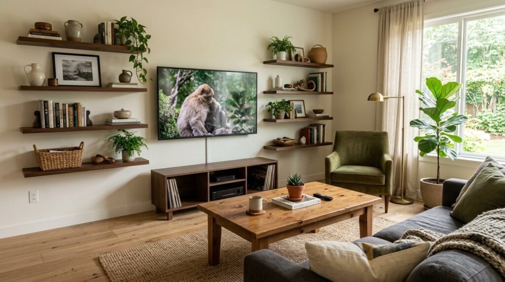 A beautifully designed modern living room with elegant natural wood furniture and architectural details.