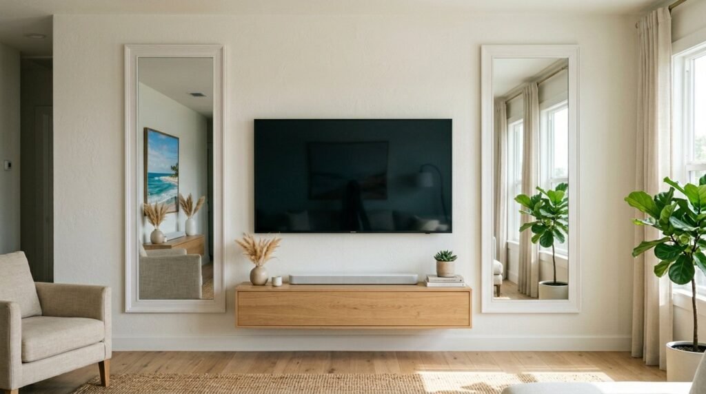 A sleek modern television mounted on a feature wall in a contemporary living room.