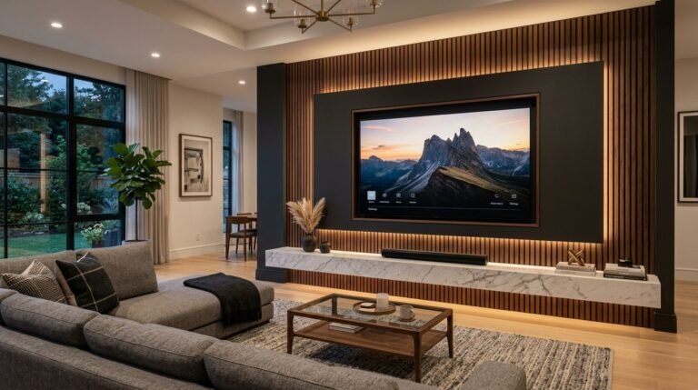 A sleek, modern living room featuring a large wall-mounted flat screen television.
