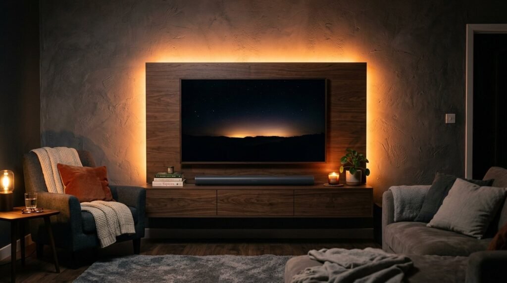 A sleek modern living room interior showcasing a custom TV wall with integrated media storage and ambient lighting.