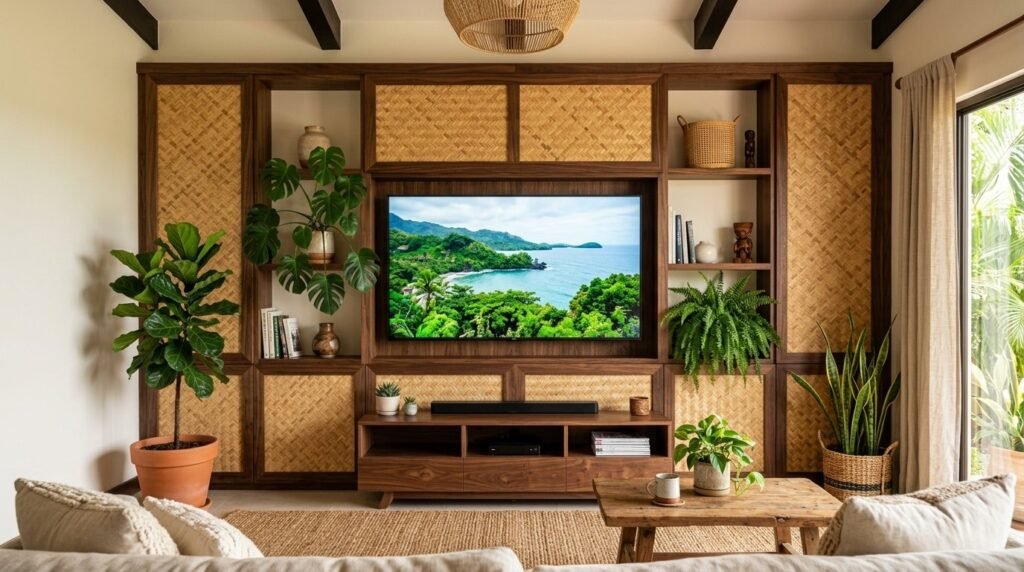 A stylish modern living room featuring a minimalist media console and a large wall-mounted television.