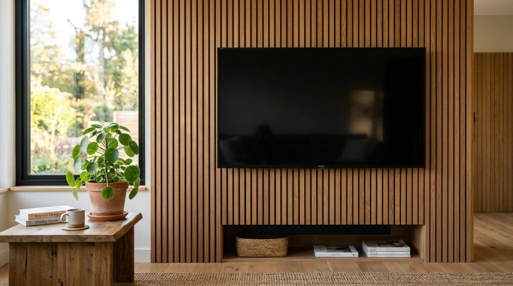 A sleek modern television wall setup featuring clean lines and contemporary decor.