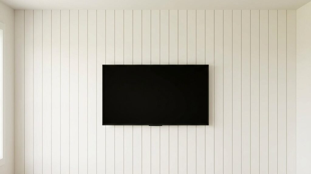 A sleek modern television mounted perfectly on a clean living room wall.
