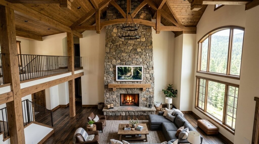 A beautifully designed modern living room interior showcasing a prominent natural stone feature wall.