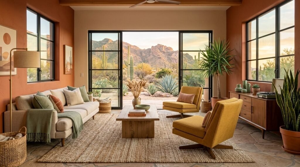 A modern living room interior styled with elegant terracotta accents and warm earth-toned furniture.