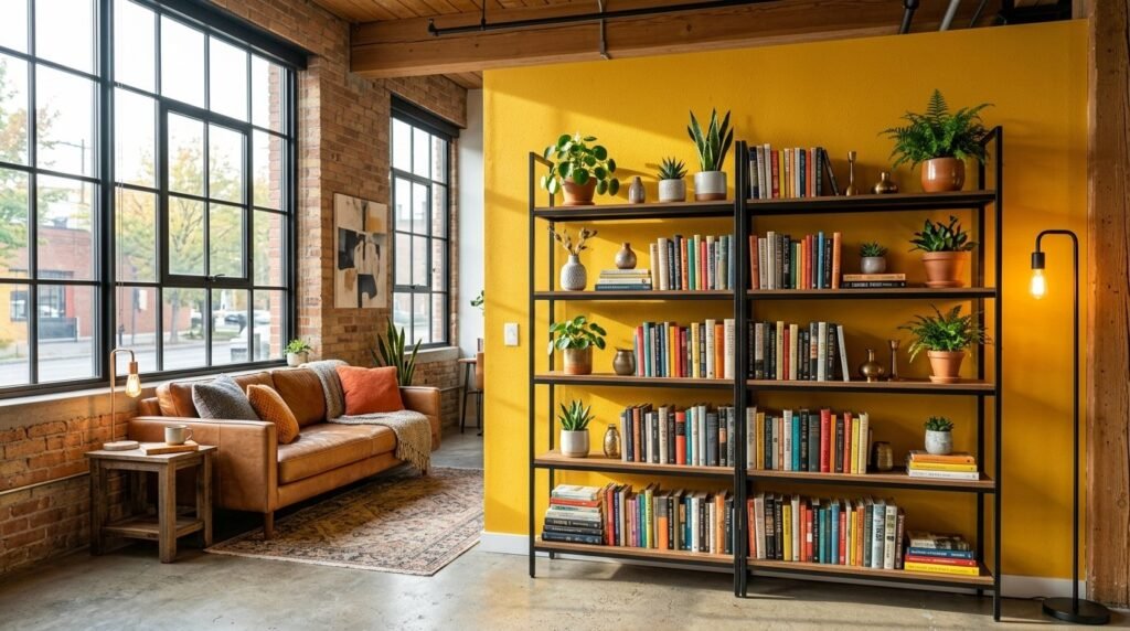 A stylish living room interior showcasing a bold, bright yellow accent wall and modern minimalist decor.