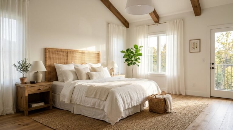 A stylishly decorated modern master bedroom with warm lighting and comfortable furniture.