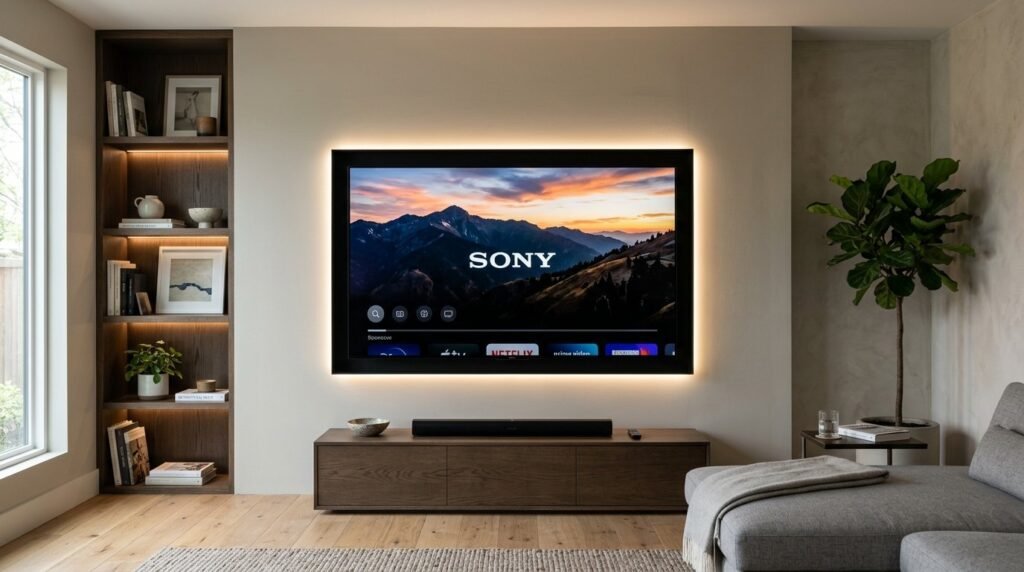 A sleek modern media wall featuring integrated storage and television display.