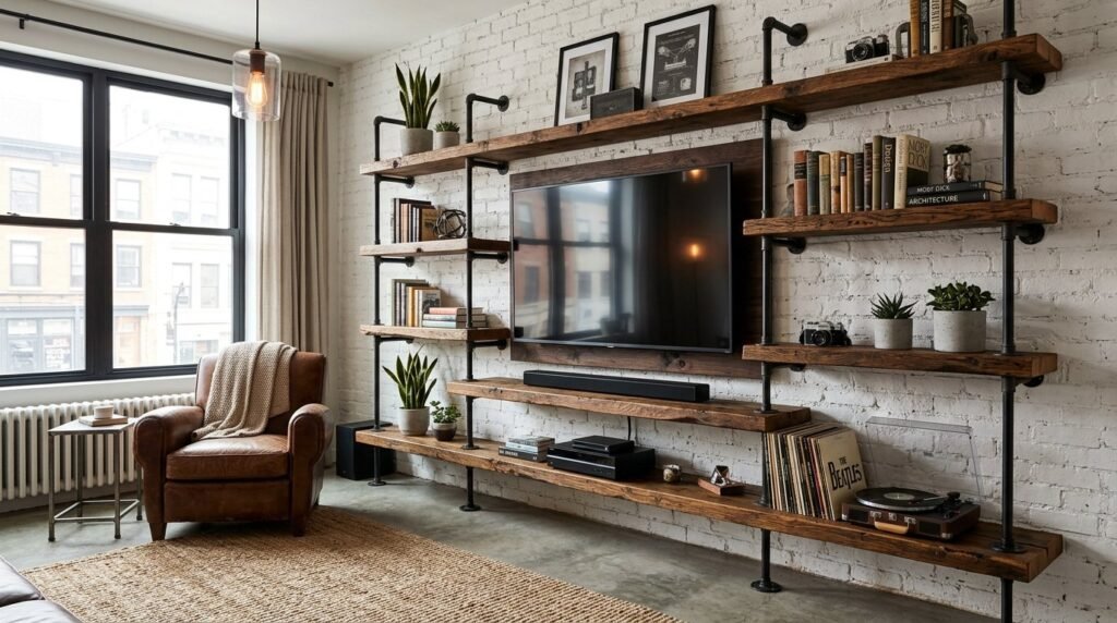 A sleek modern media wall with an integrated digital display screen in a bright contemporary living room.