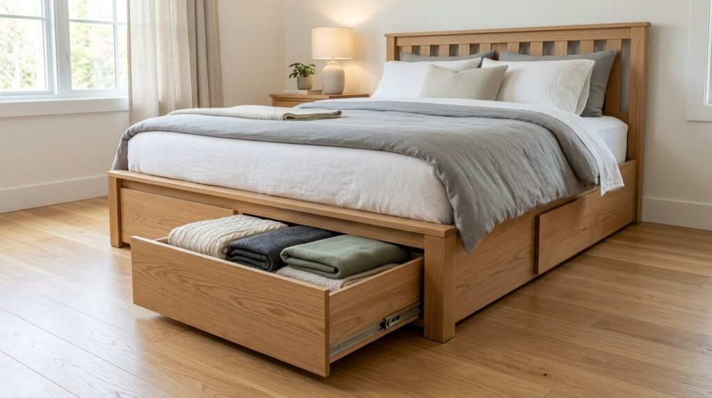 A sleek modern wooden bed frame in a brightly lit, minimalist bedroom setting.