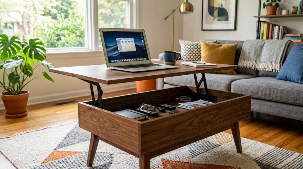 A sleek modern coffee table styled with aesthetic decor in a bright, airy living room.