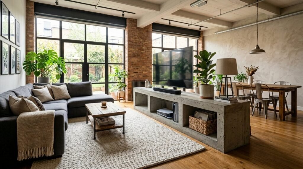A sleek, modern minimalist TV stand made of polished concrete in a bright, contemporary living room.