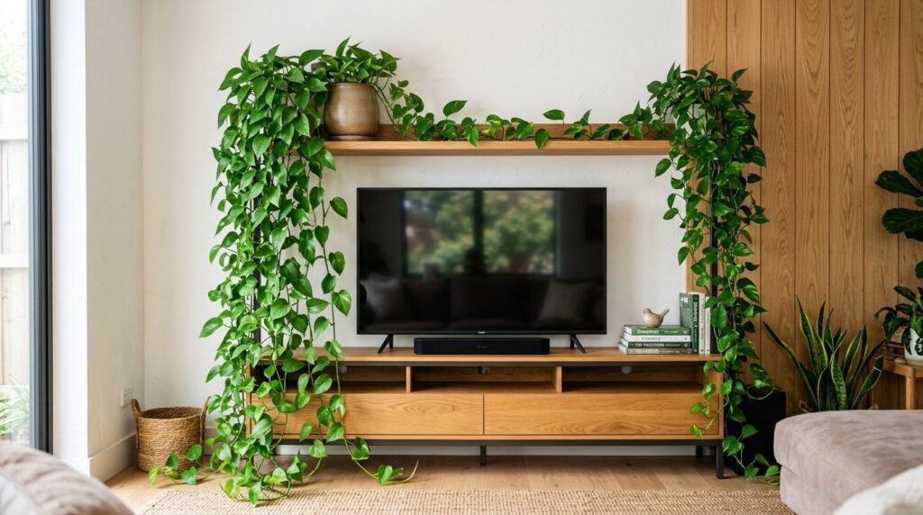 A sleek modern TV shelf unit set in a clean and minimalist living room interior.