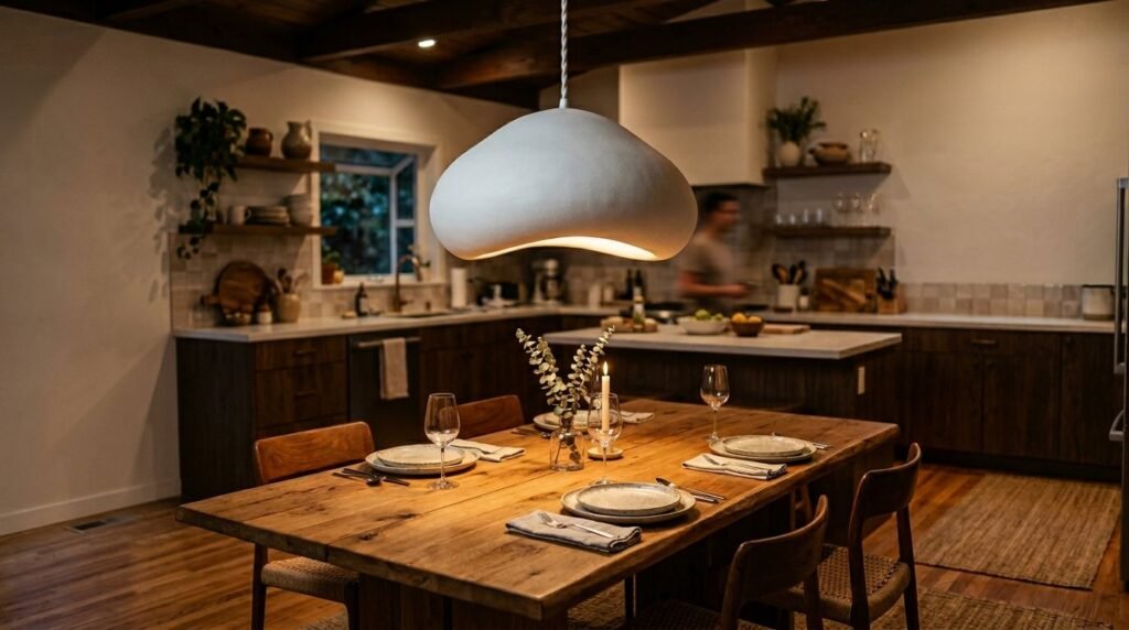 A sleek white pendant light hanging in a bright modern home interior.