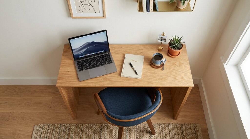 A sleek, minimalist solid oak console desk positioned in a well-lit home office space.