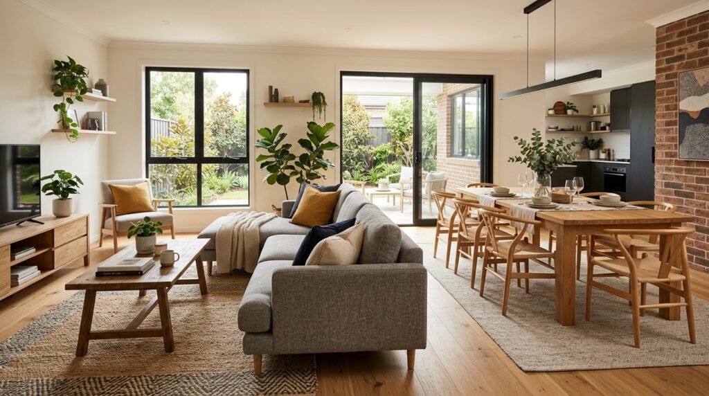 A bright and spacious open plan living area with modern architectural design and natural light.