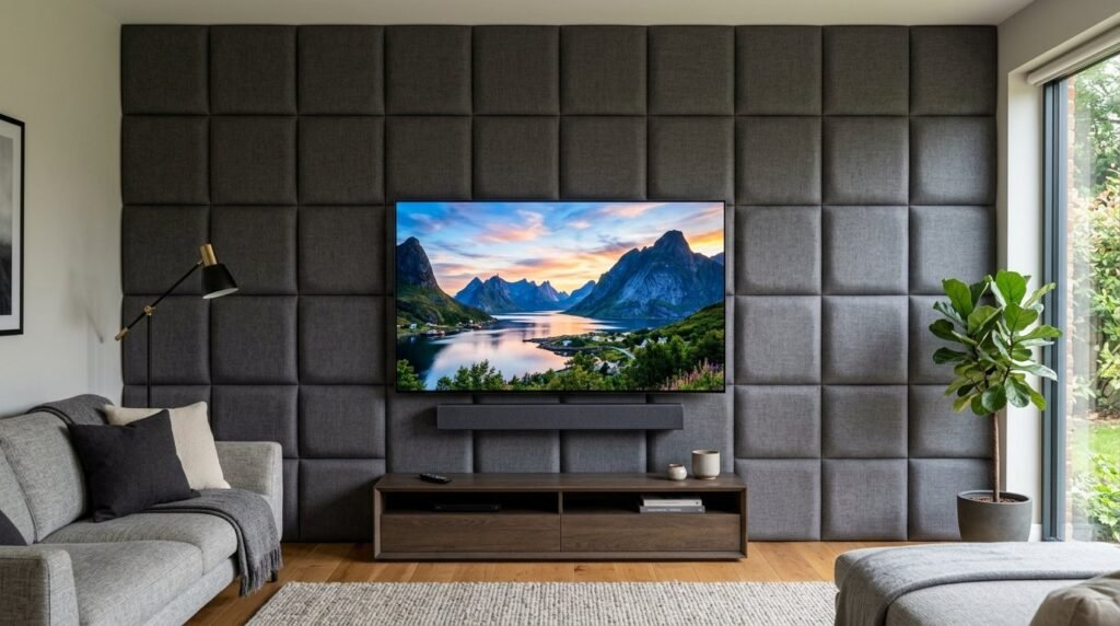 A sleek modern living room interior featuring a stylish padded TV wall panel design.