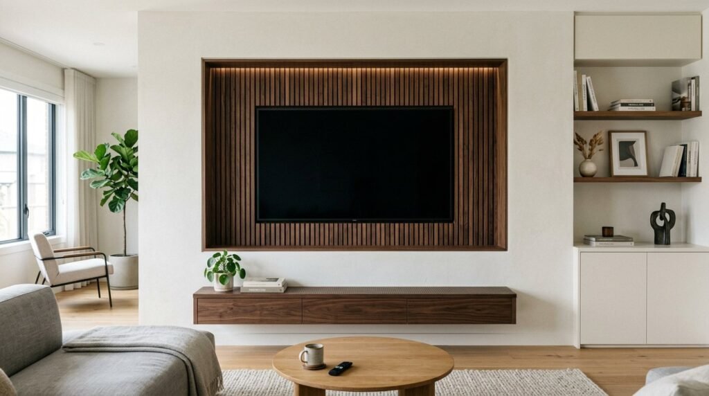 A clean, modern recessed wall niche built into a smooth interior wall.