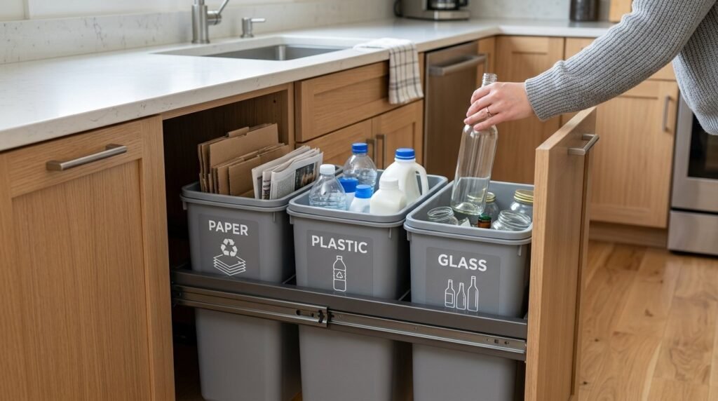 A clean and organized recycling station with separate bins for paper, plastic, and glass waste sorting.