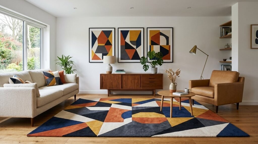 Contemporary room interior highlighting stylish geometric patterns on the walls and furniture.