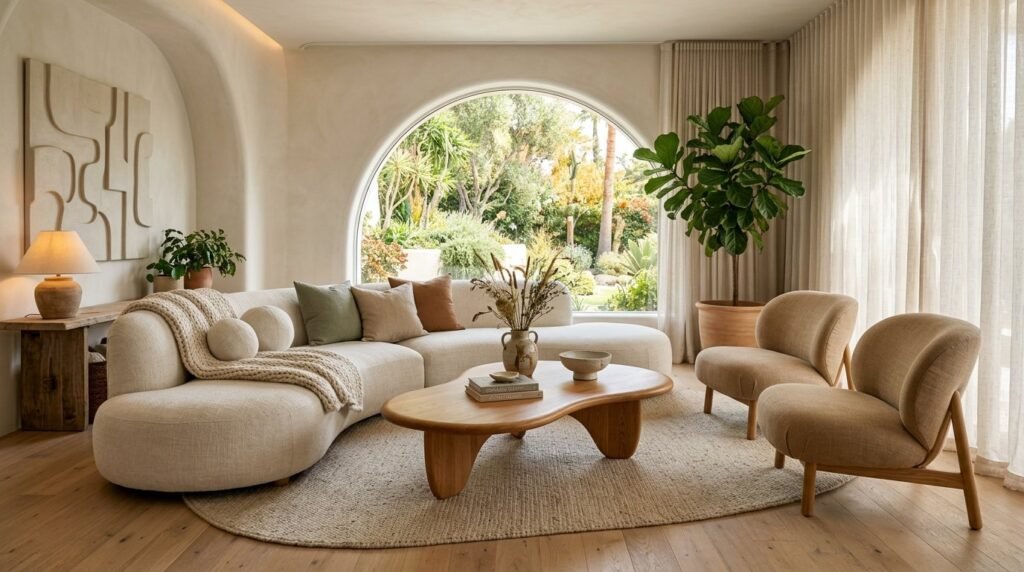 A stylish room interior showcasing natural, flowing organic design elements and textures.