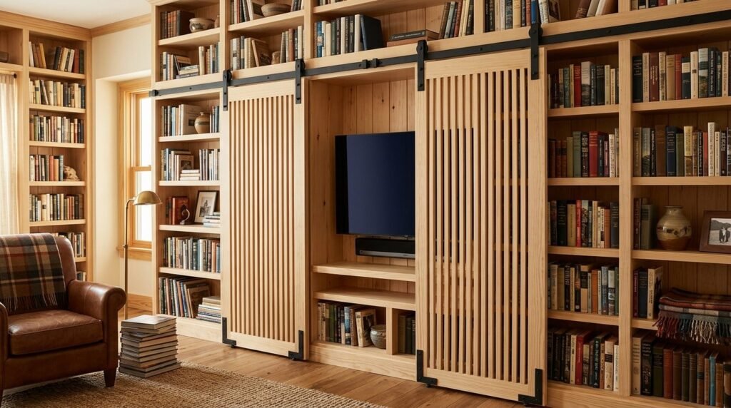Modern interior featuring a stylish sliding wood slat partition for room division.