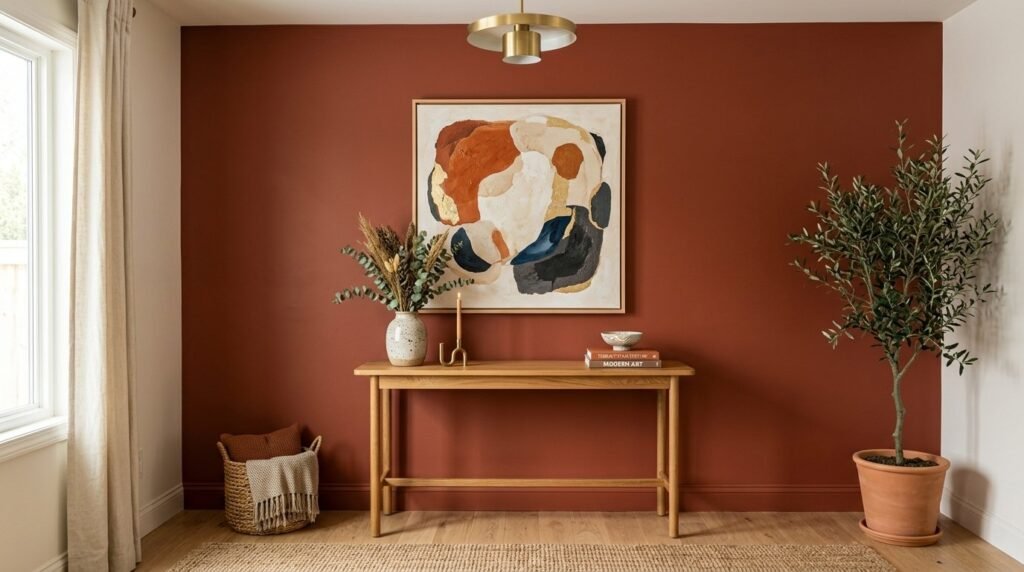 A stylish living room interior with a bold and warm terracotta painted accent wall.