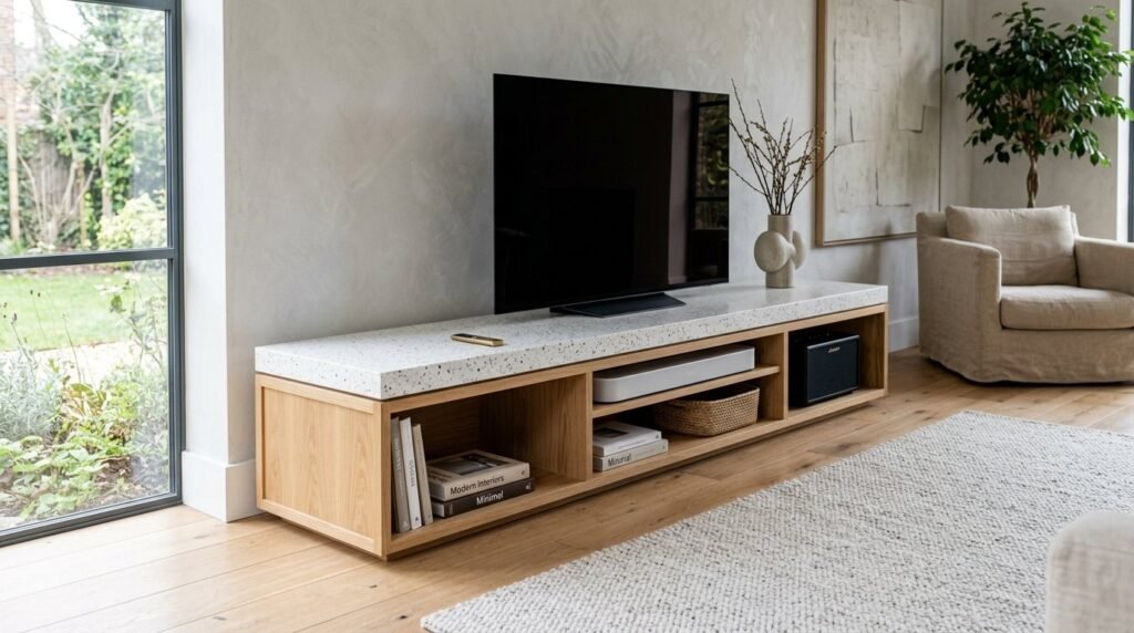 A sleek modern bench featuring a durable terrazzo stone seat in a bright architectural setting.