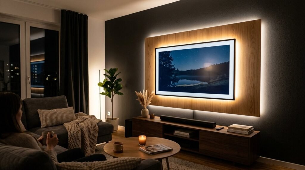 A sleek modern TV area featuring contemporary furniture and minimalist decor.