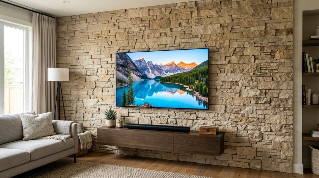 A sleek modern TV wall design with minimalist shelving and hidden cables in a contemporary living room.